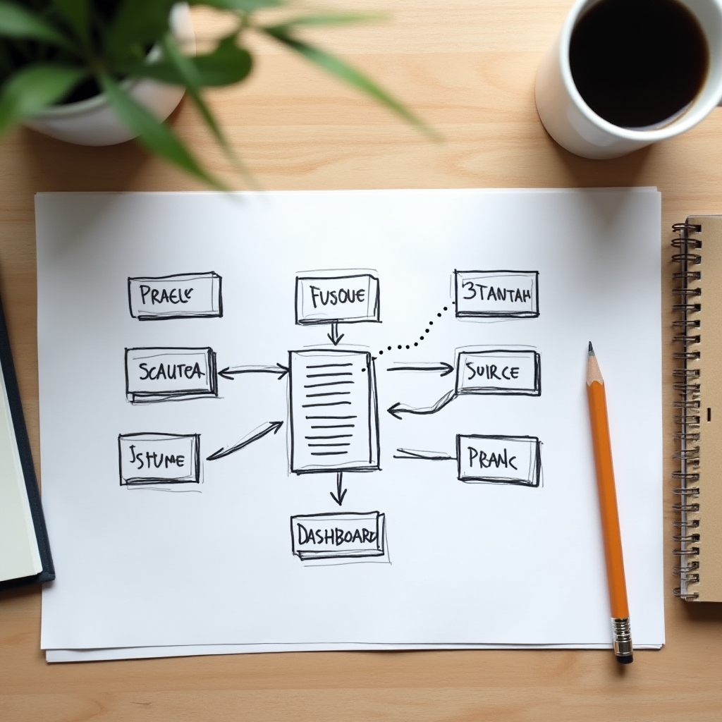 Diagramă a fluxului de date desenată pe hârtie, pe un birou de lucru