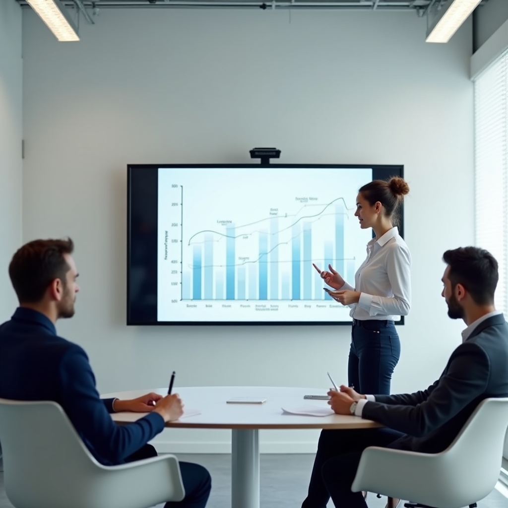 Formator explicând indicatori de business pe un ecran unui grup mic de antreprenori