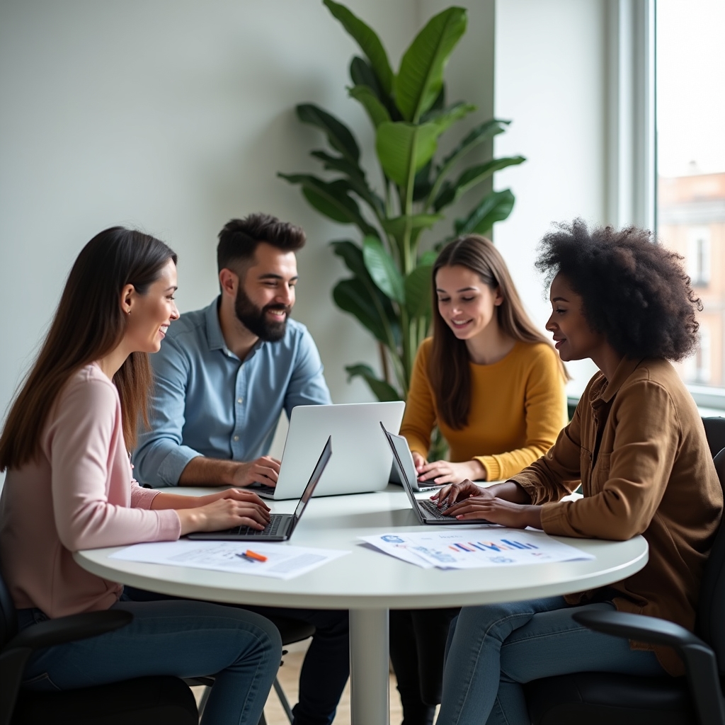 Grup mic de antreprenori lucrând împreună la exerciții practice pe laptop